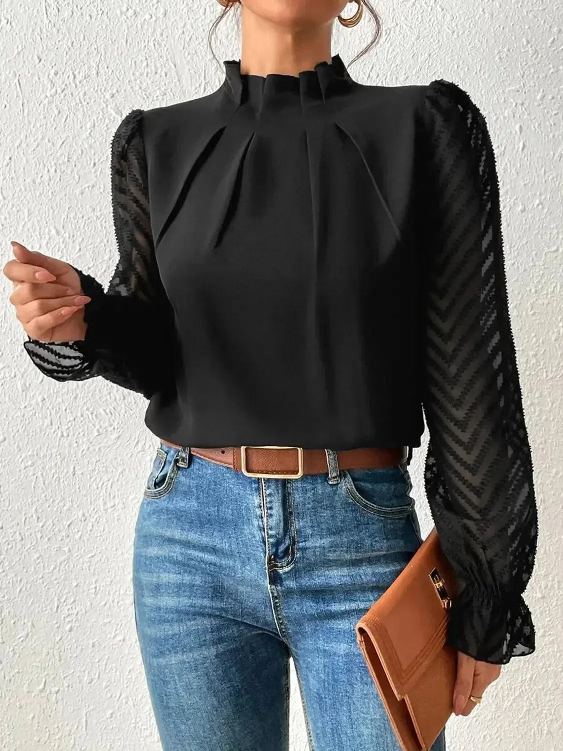 Elegant mock neck blouse with flounce sleeves by Plush Fashion Hub, featuring a stylish and feminine shirt design.