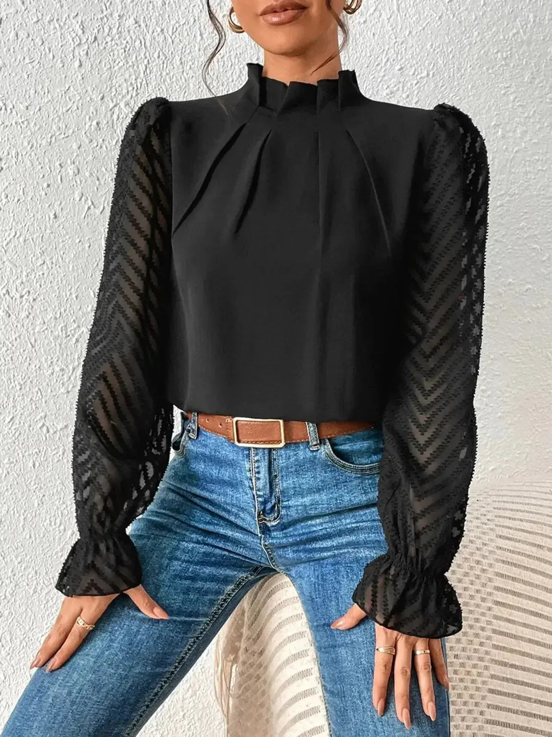 Elegant mock neck blouse with flounce sleeves by Plush Fashion Hub, shown in a stylish shirt design.