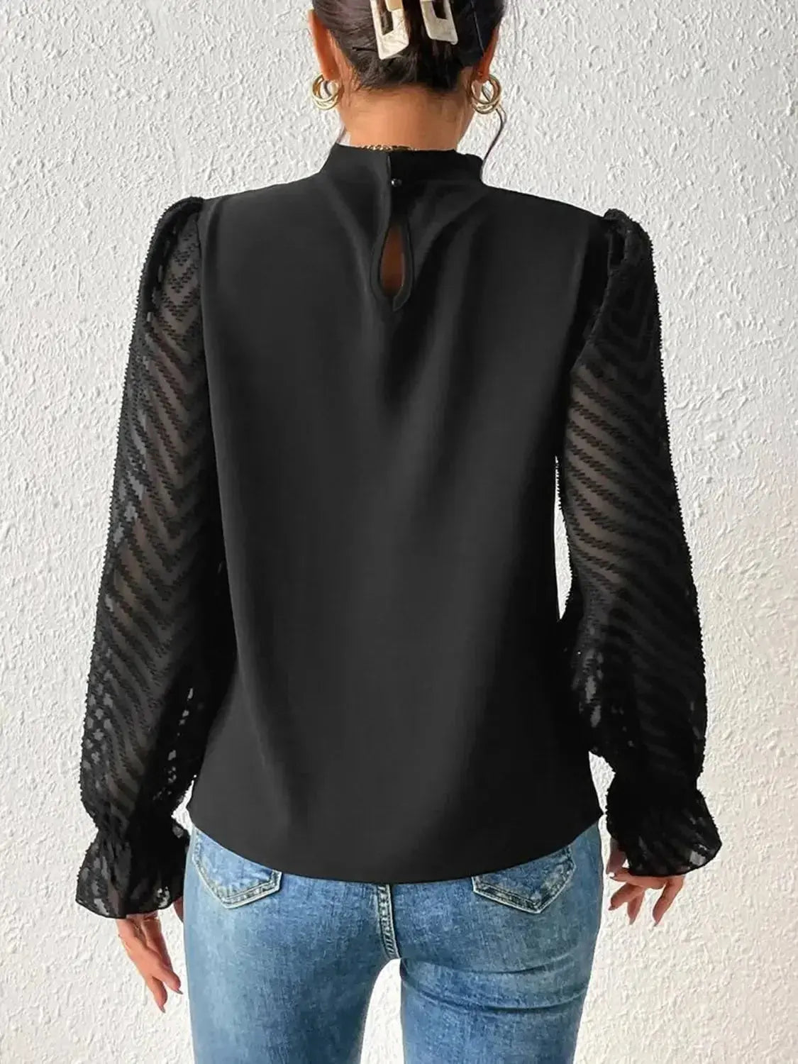 Elegant beige mock neck blouse with flounce sleeves from Plush Fashion Hub, stylish shirt for a sophisticated look.