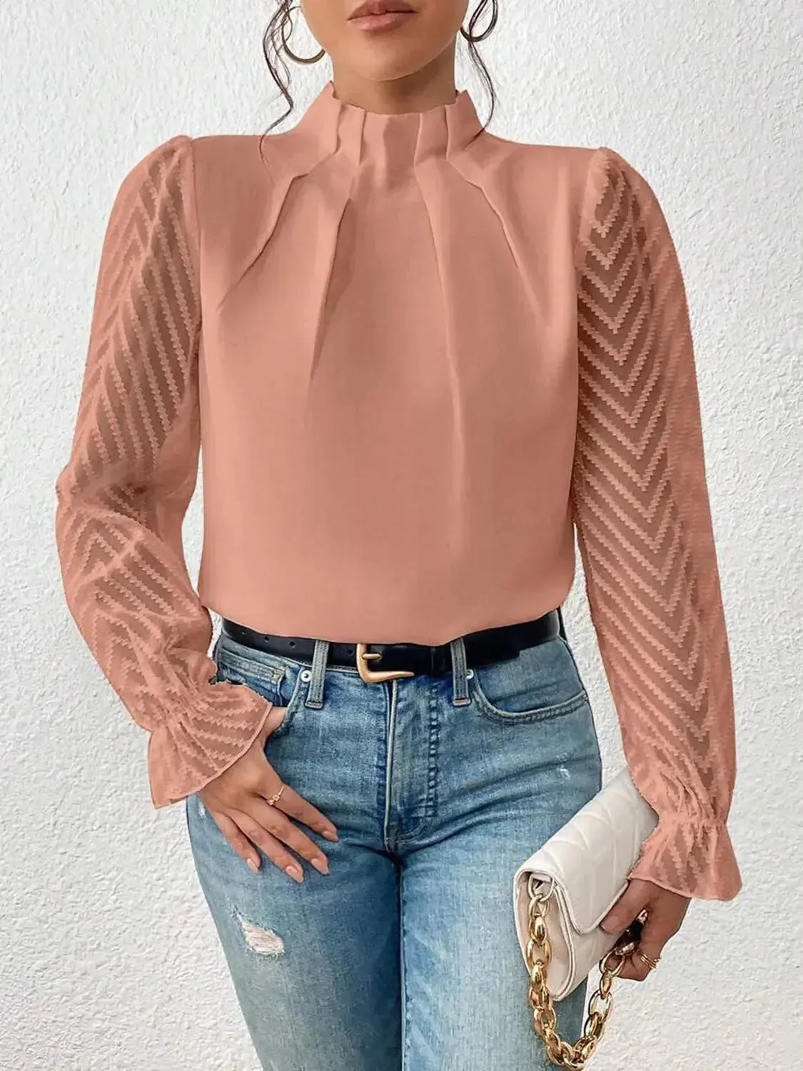 Elegant mock neck blouse by Plush Fashion Hub with flounce sleeves, featuring a stylish and feminine design.