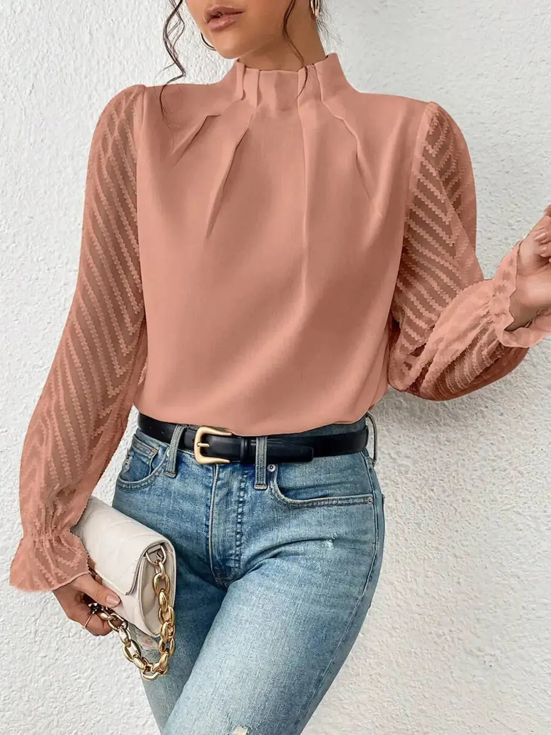 Elegant mock neck blouse with flounce sleeves from Plush Fashion Hub, featuring a stylish and feminine shirt design.