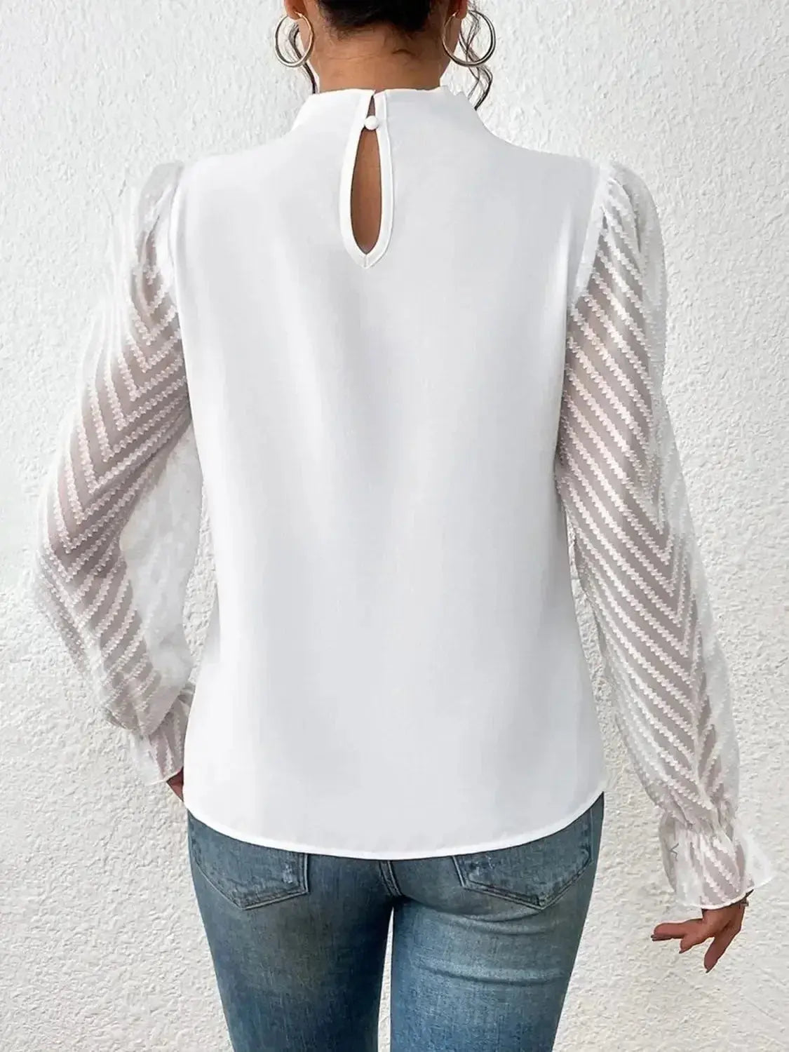 Elegant plush fashion hub mock neck blouse with flounce sleeves, stylish shirt perfect for chic, casual, or formal outfits.