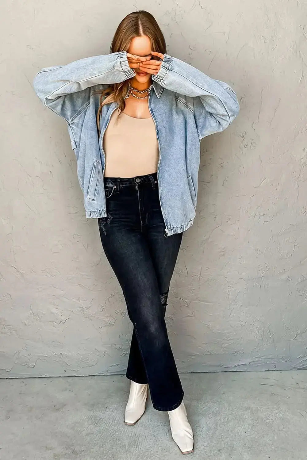 Plush Fashion Hub zip-up denim jacket with raglan sleeves and elastic hem, styled with a casual, trendy look.