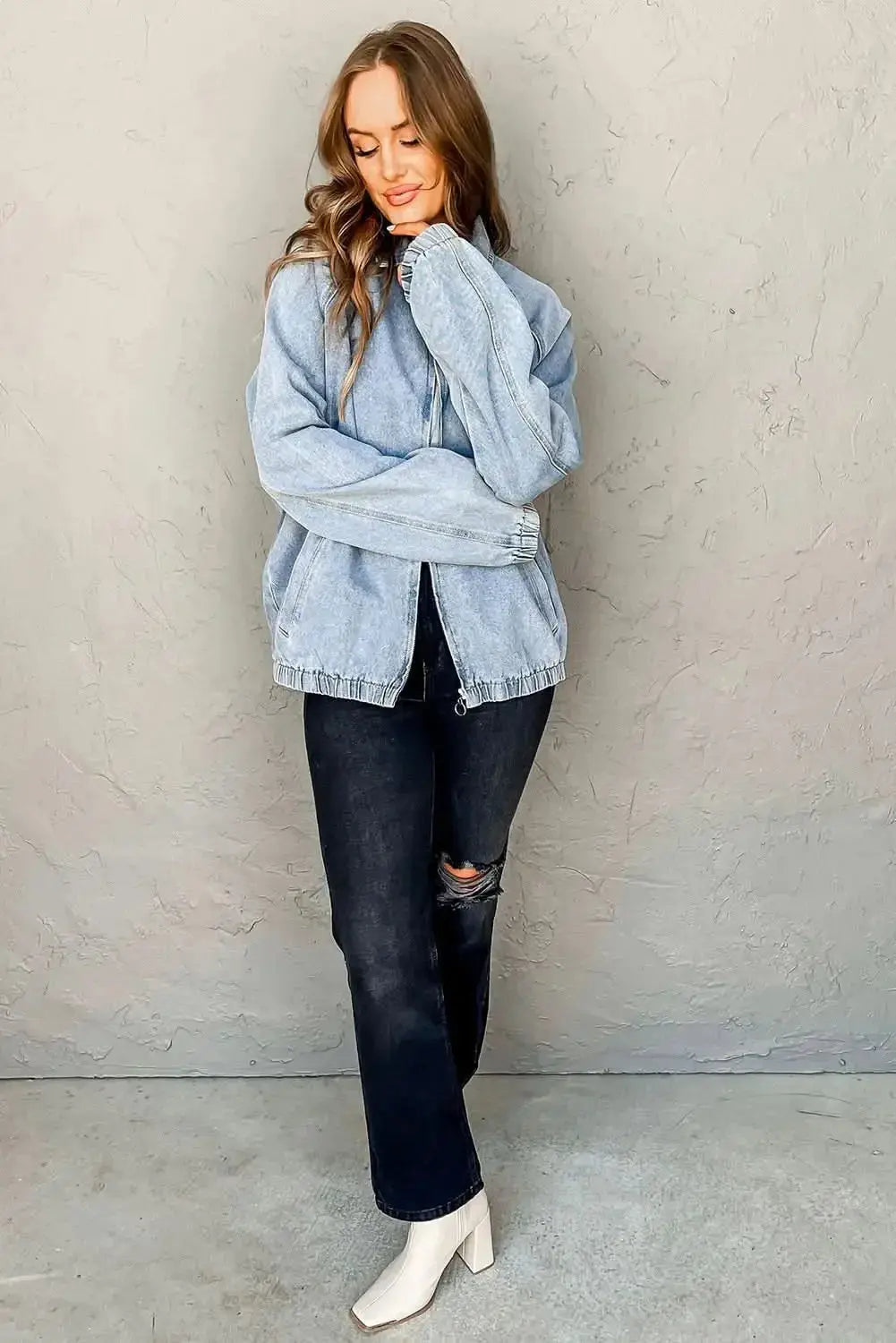 Plush Fashion Hub zip-up denim jacket with raglan sleeves and elastic hem, stylish casual jacket for women.