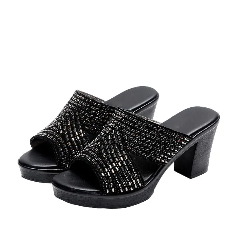 Women rhinestone platform high heels with thick heels and open-toe design, stylish trendy sandals for women.