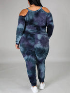 Plus size women's off-shoulder tie-dye casual suit from Trendy Attic, featuring a relaxed fit and stylish off-shoulder design.