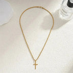 Minimalist gold cross pendant necklace for men and women, unisex dainty layering chain by Plush Fashion Hub.