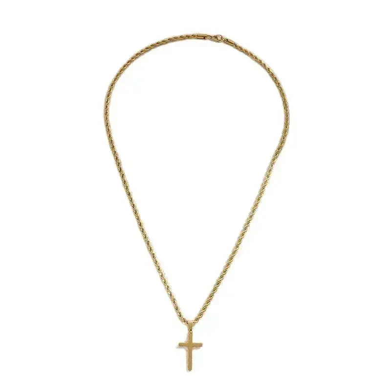 Minimalist gold cross pendant necklace for men and women, dainty unisex jewelry chain, ideal for layering.
