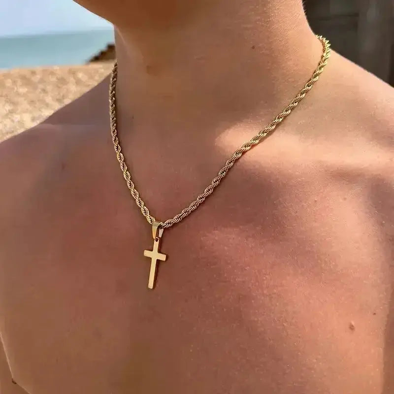 Minimalist gold cross pendant necklace for men and women, dainty unisex jewelry chain from Plush Fashion Hub.