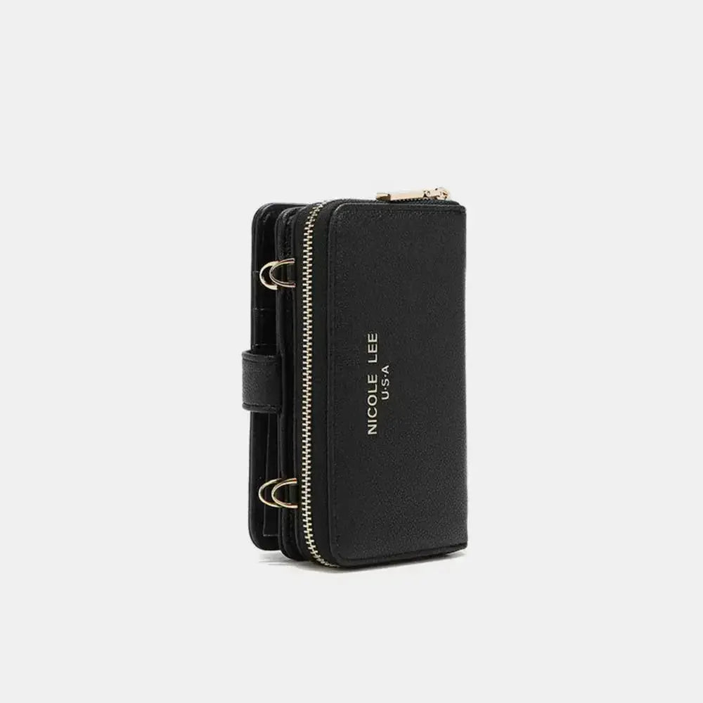Vegan leather convertible 2-piece crossbody phone case and wallet by Plush Fashion Hub, featuring a stylish design with compartments and strap.