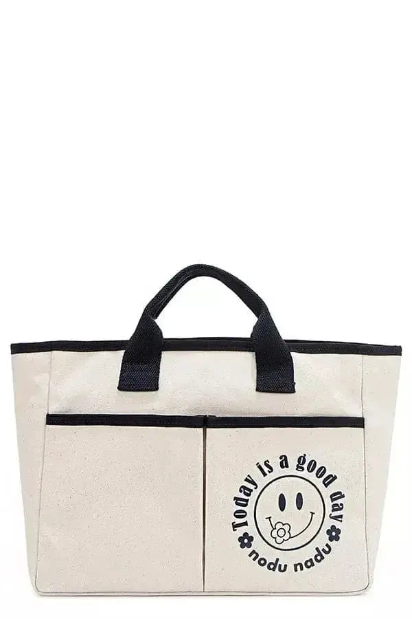 Artistic graphic print canvas tote bag by Plush Fashion Hub featuring bold, colorful artwork on durable canvas material.