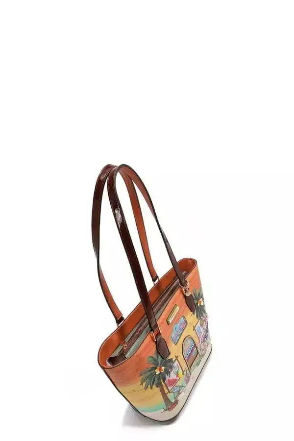 Tropical beach house print vegan leather shopper tote bag by Plush Fashion Hub with colorful beach scene design.