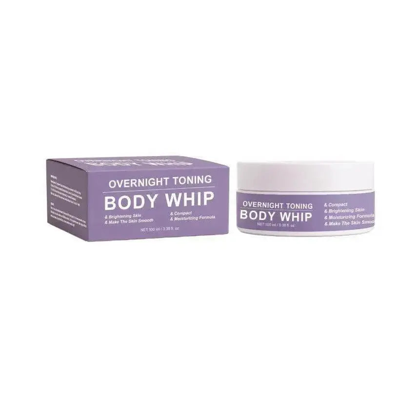 Plush Fashion Hub night toner and overnight body whip in neutral packaging, firming and hydrating skincare treatment for the skin.