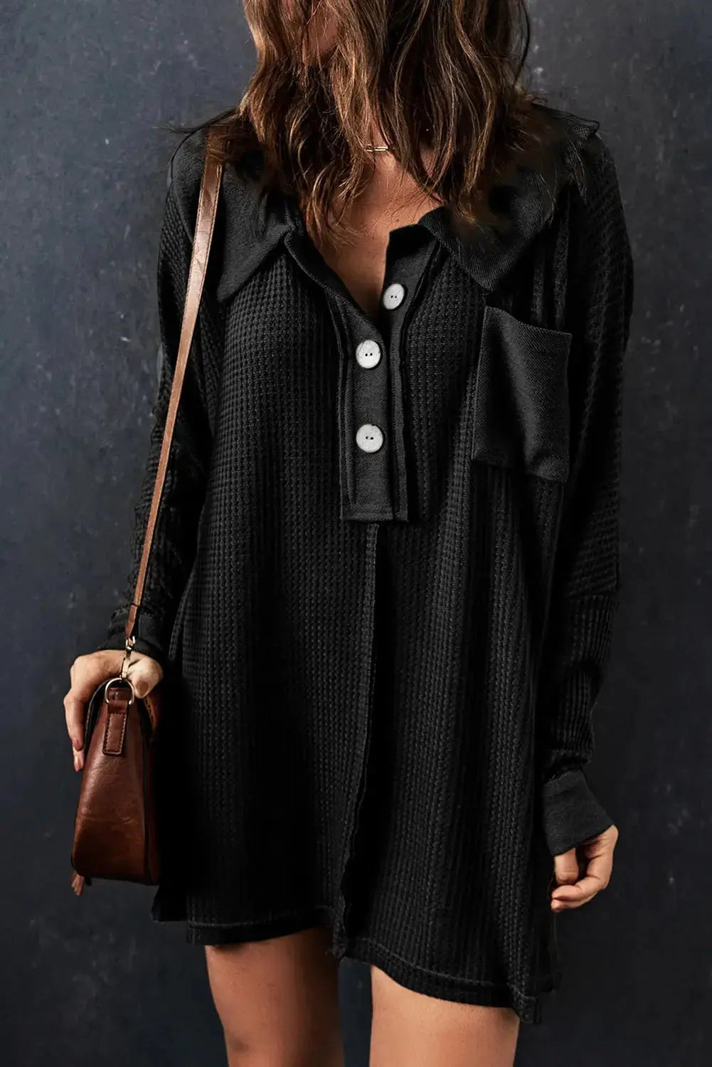 Nina waffle knit long sleeve top by Threaded Pear featuring a cozy textured fabric and a relaxed fit.