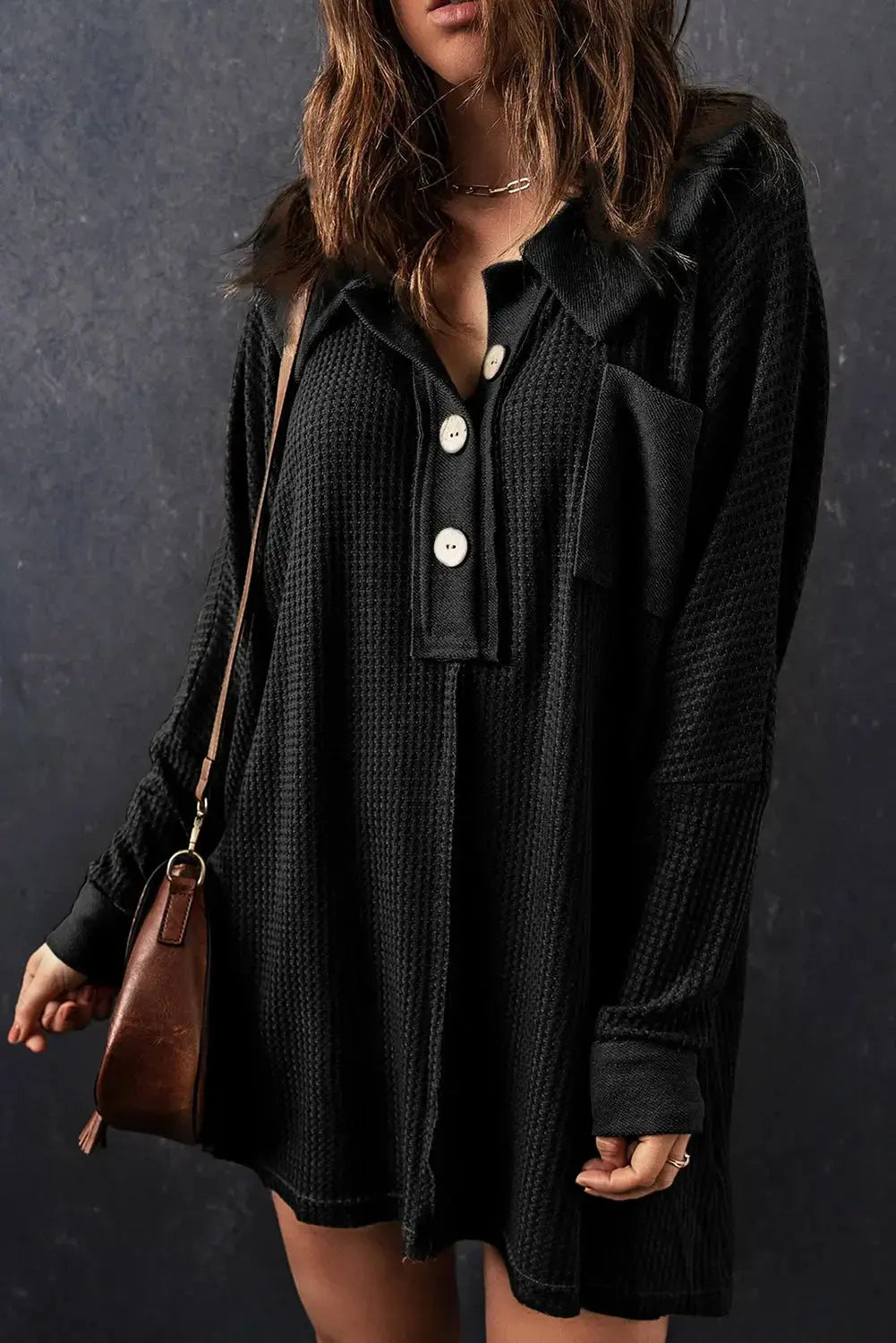 Nina waffle knit long sleeve top by Threaded Pear featuring a cozy textured fabric and classic fit.