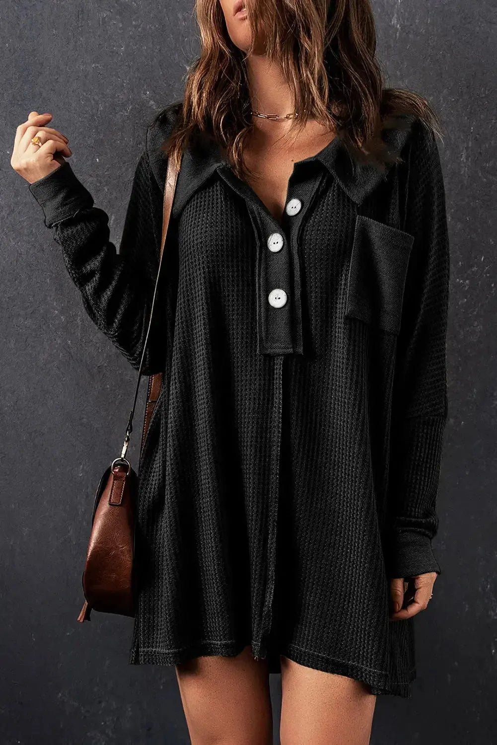 Nina waffle knit long sleeve top by Threaded Pear featuring a cozy, textured fabric and a relaxed fit in a neutral color.