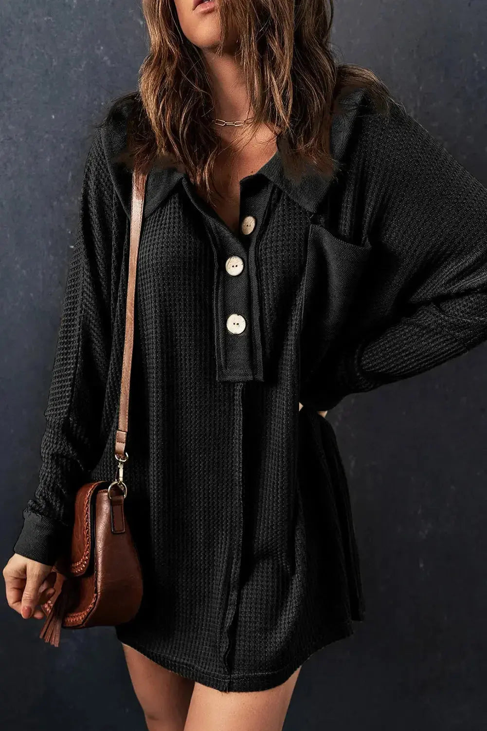 Nina waffle knit long sleeve top by Threaded Pear, featuring a cozy textured fabric and classic fit, shown in a neutral color.