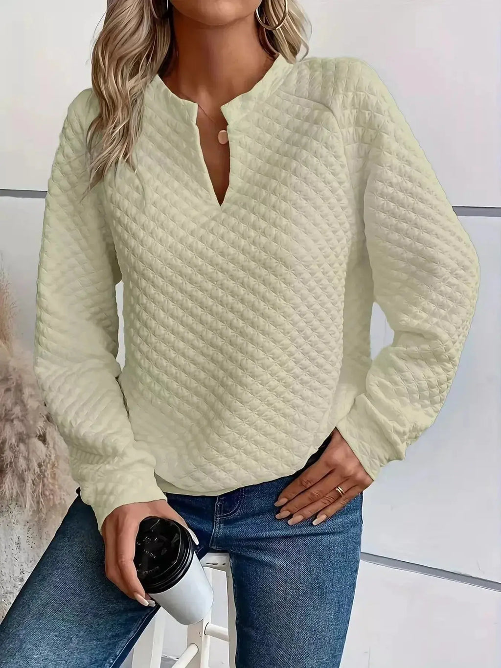 Soft textured women's raglan waffle-knit sweatshirt with notched sleeves by Plush Fashion Hub, casual pullover for relaxed style.