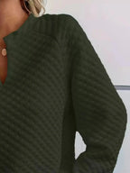 Women's notched raglan waffle-knit sweatshirt from Plush Fashion Hub, soft textured pullover with stylish raglan sleeves.