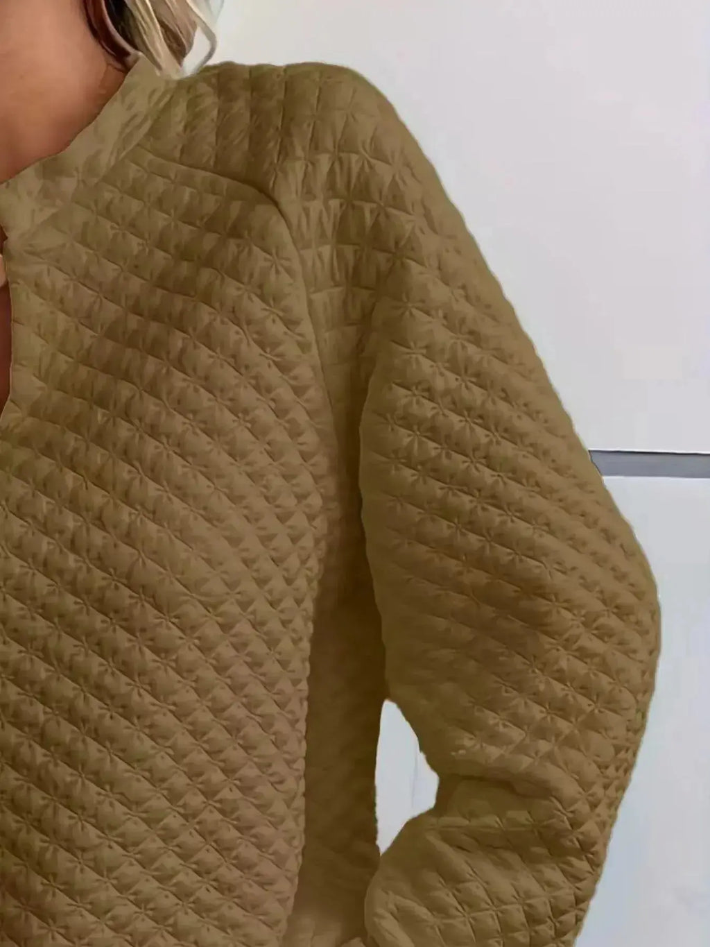 Women's notched raglan waffle-knit sweatshirt with soft textured fabric and long sleeves, stylish pullover by Plush Fashion Hub.