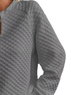 Women’s textured waffle-knit raglan sweatshirt with notched sleeves by Plush Fashion Hub, soft and cozy pullover for casual wear.