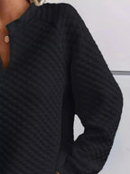 Women's plush fashion hub waffle-knit sweatshirt with notched raglan sleeves, soft textured pullover shirt for casual wear.