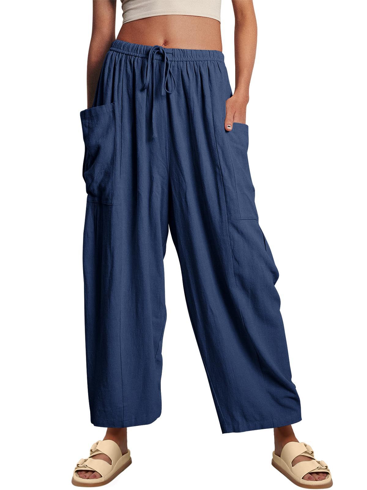 Women’s high waist wide-leg cotton linen pants with elastic waist and pleated design, casual loose fit from Plush Fashion Hub.