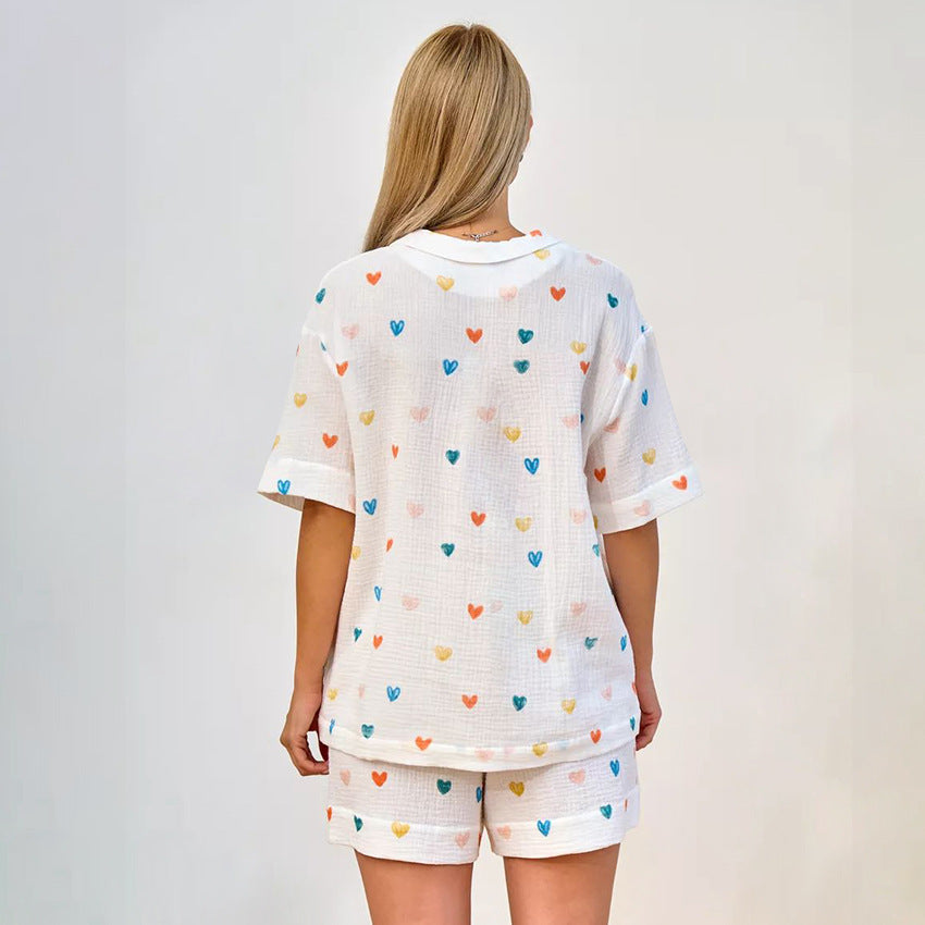 Bella Mia women's summer crepe pajama set with heart print, includes cardigan, half sleeve top, and shorts for comfortable homewear.