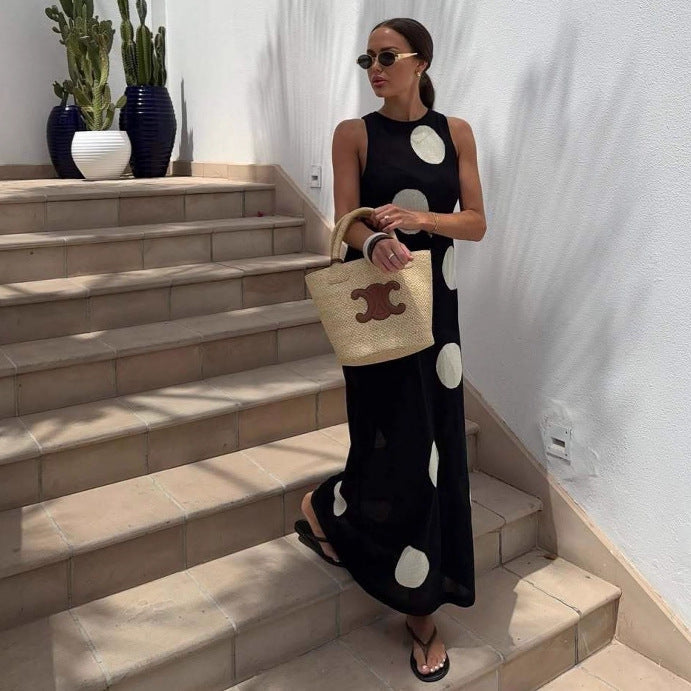 Plush Fashion Hub autumn winter polka dot maxi dress for women, slim fit, knitted, see-through bohemian beach style casual dress