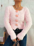Pink mink-like knitted cardigan sweater with buttons, cozy autumn winter office outerwear by Bella Mia, featuring a solid color design.