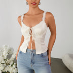 Bella Mia matte high elastic lace cutout short strap top with hollow out design and sexy backless lace-up style.
