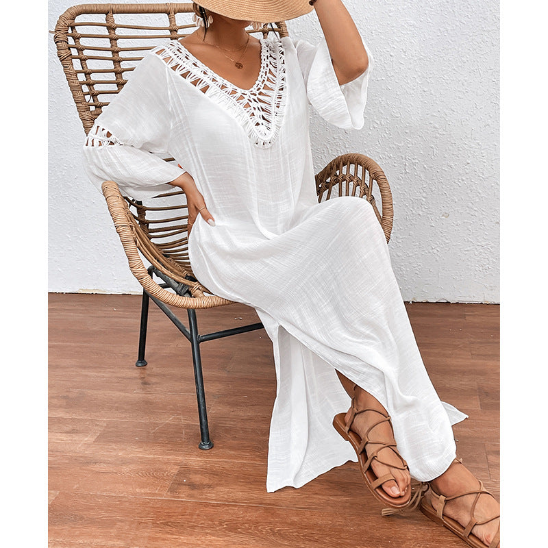 Colorful crochet stitch women's beach overskirt with backless cutout, loose fit, and long flowing design by Bella Mia.