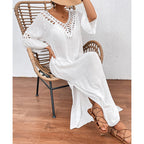 Colorful crochet stitch women's beach overskirt with backless cutout, loose fit, and long flowing design by Bella Mia.