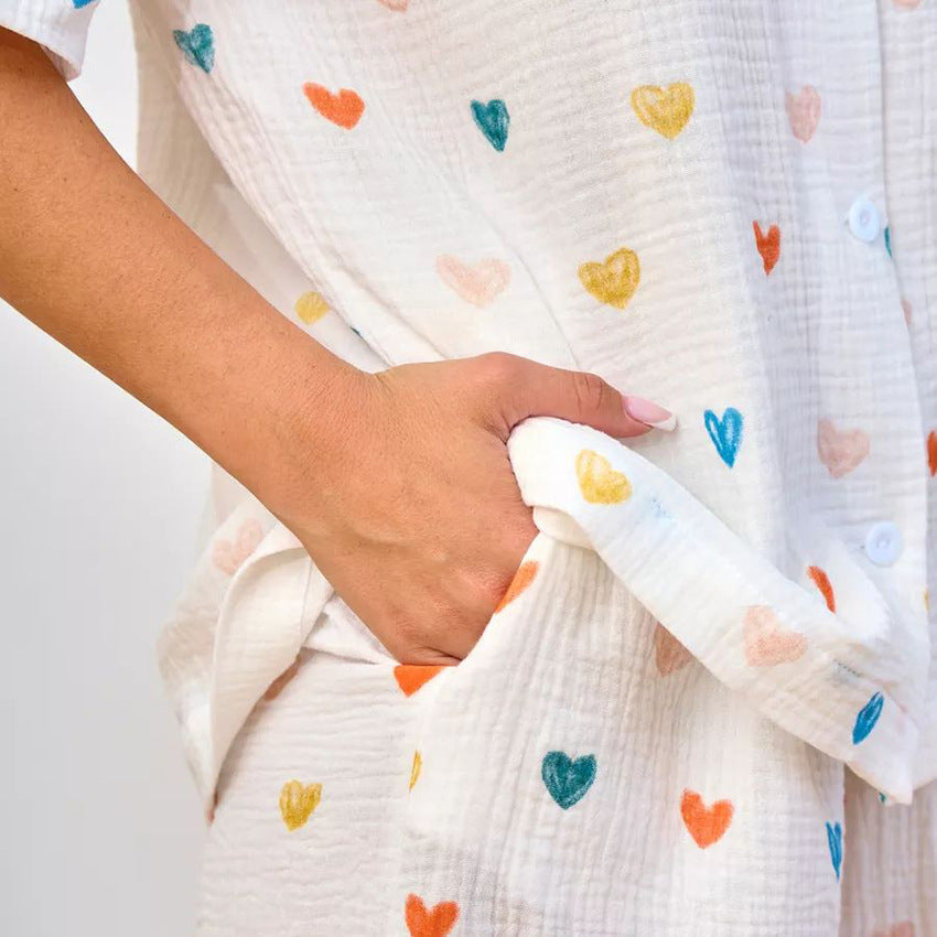 Bella Mia women's summer crepe pajama set with heart print, includes cardigan and shorts, perfect for comfortable homewear.