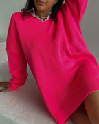 Bella Mia women's long sleeve V-neck knitted sweater dress, cozy and casual for autumn and winter, featuring a loose fit and long sleeves.