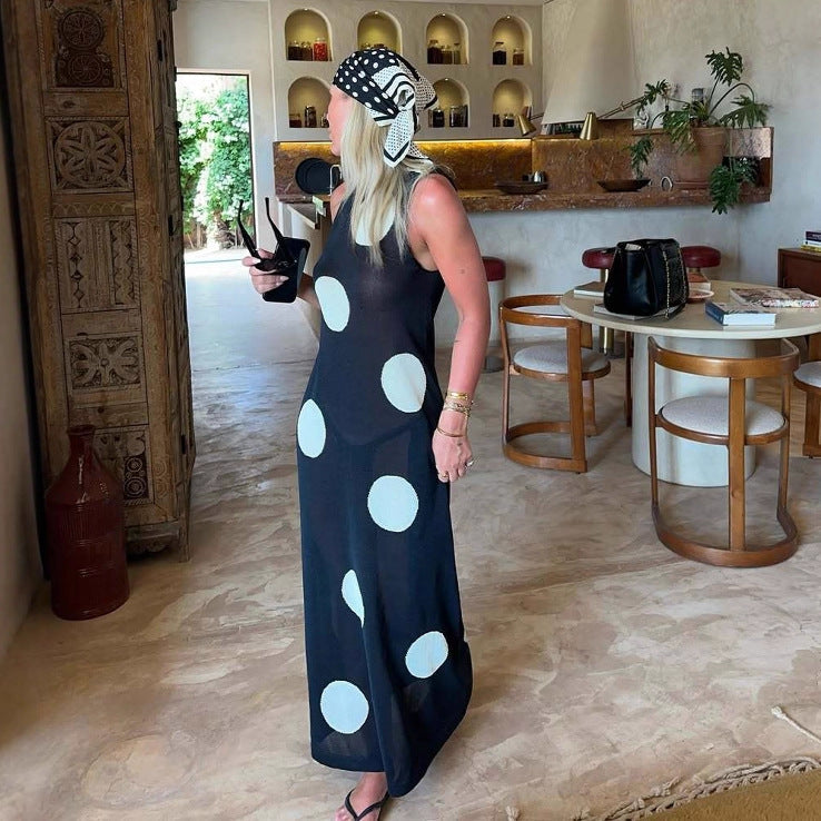 Polka dot bohemian maxi dress for women, knitted, see-through, casual slimming, autumn winter fashion from Plush Fashion Hub