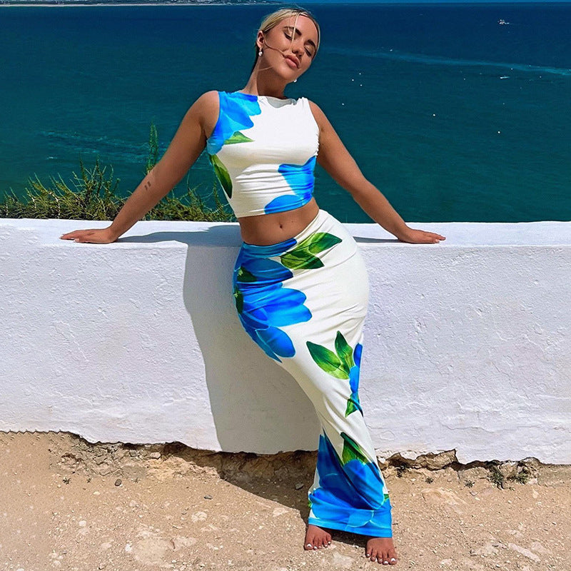 Plush Fashion Hub summer casual printed cropped tank top and slim fit skirt set for women, stylish and comfortable two-piece outfit.