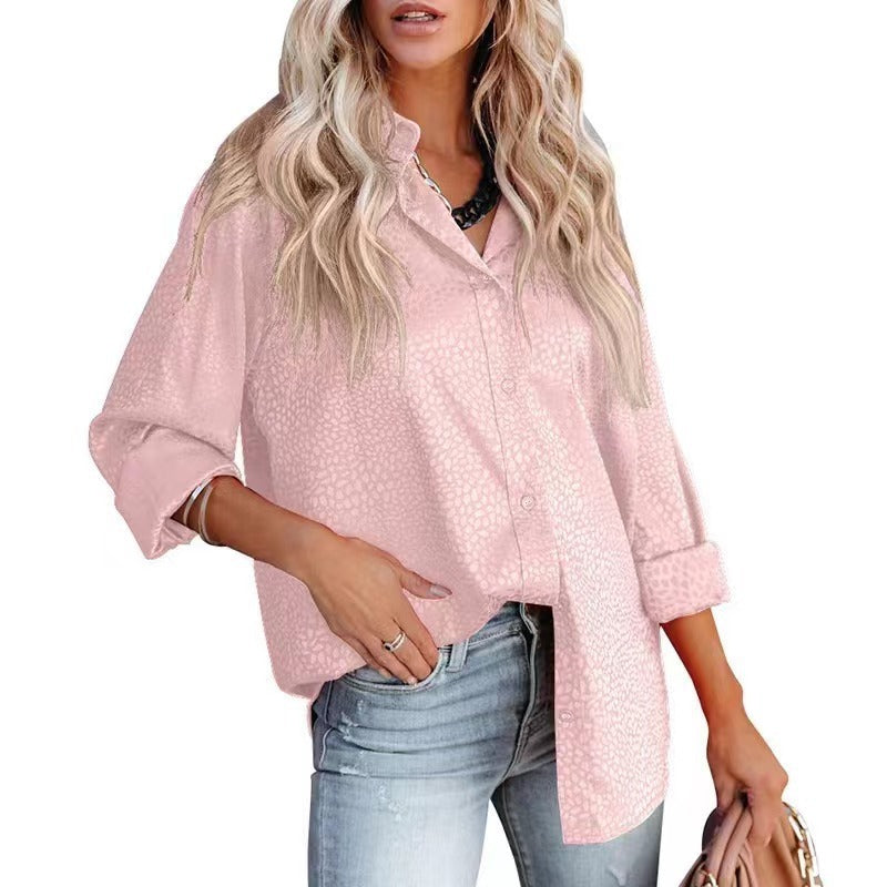 Women’s Bella Mia satin long sleeve shirt with gravel pattern, loose fit, perfect for autumn comfort and casual style.