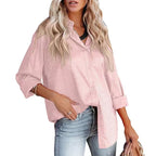 Women’s Bella Mia satin long sleeve shirt with gravel pattern, loose fit, perfect for autumn comfort and casual style.