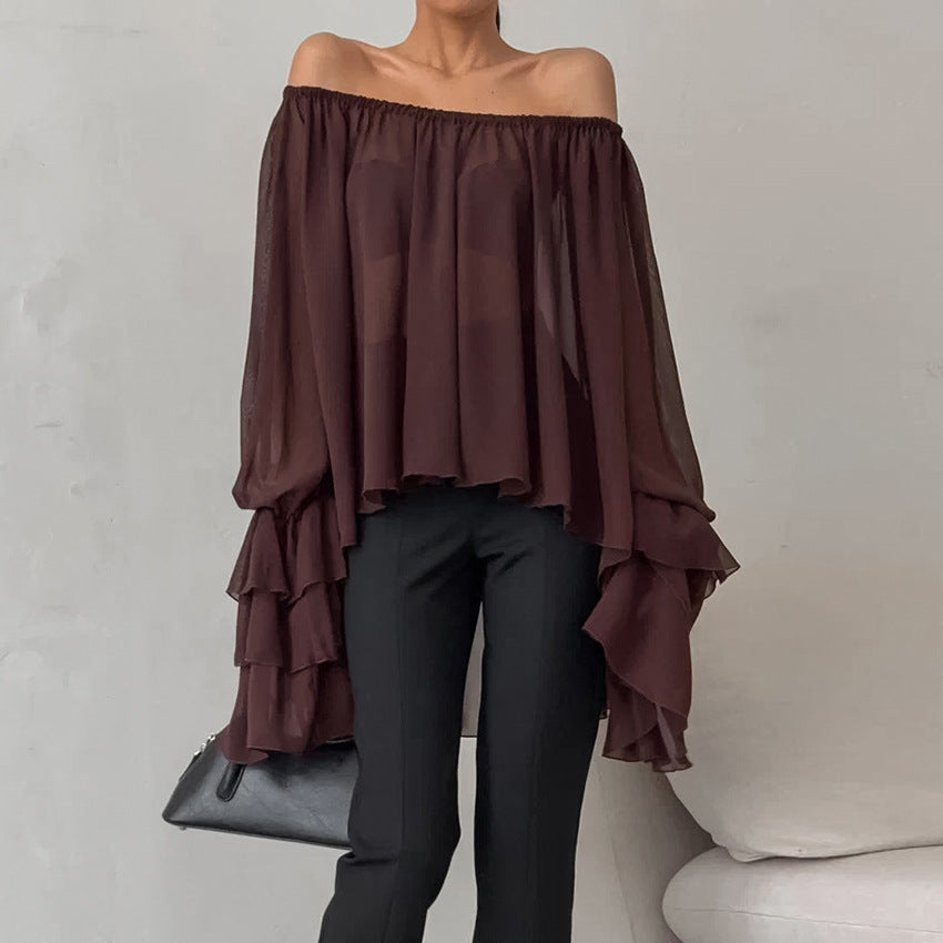 Bella Mia brown chiffon boat neck off-shoulder top with ruffles, perfect for fall and winter, featuring a loose, elegant, sexy design.