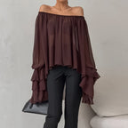 Bella Mia brown chiffon boat neck off-shoulder top with ruffles, perfect for fall and winter, featuring a loose, elegant, sexy design.