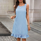 Summer round neck ruffled hem back-breasted straight denim dress by Plush Fashion Hub, featuring a stylish ruffled hem and classic denim fabric.