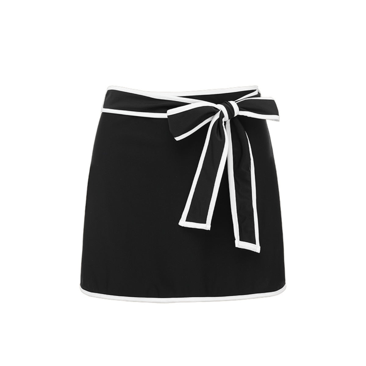 Black and white matching swimsuit bottoms with a cute bow detail, designed for women, featuring a white skirt from Plush Fashion Hub.