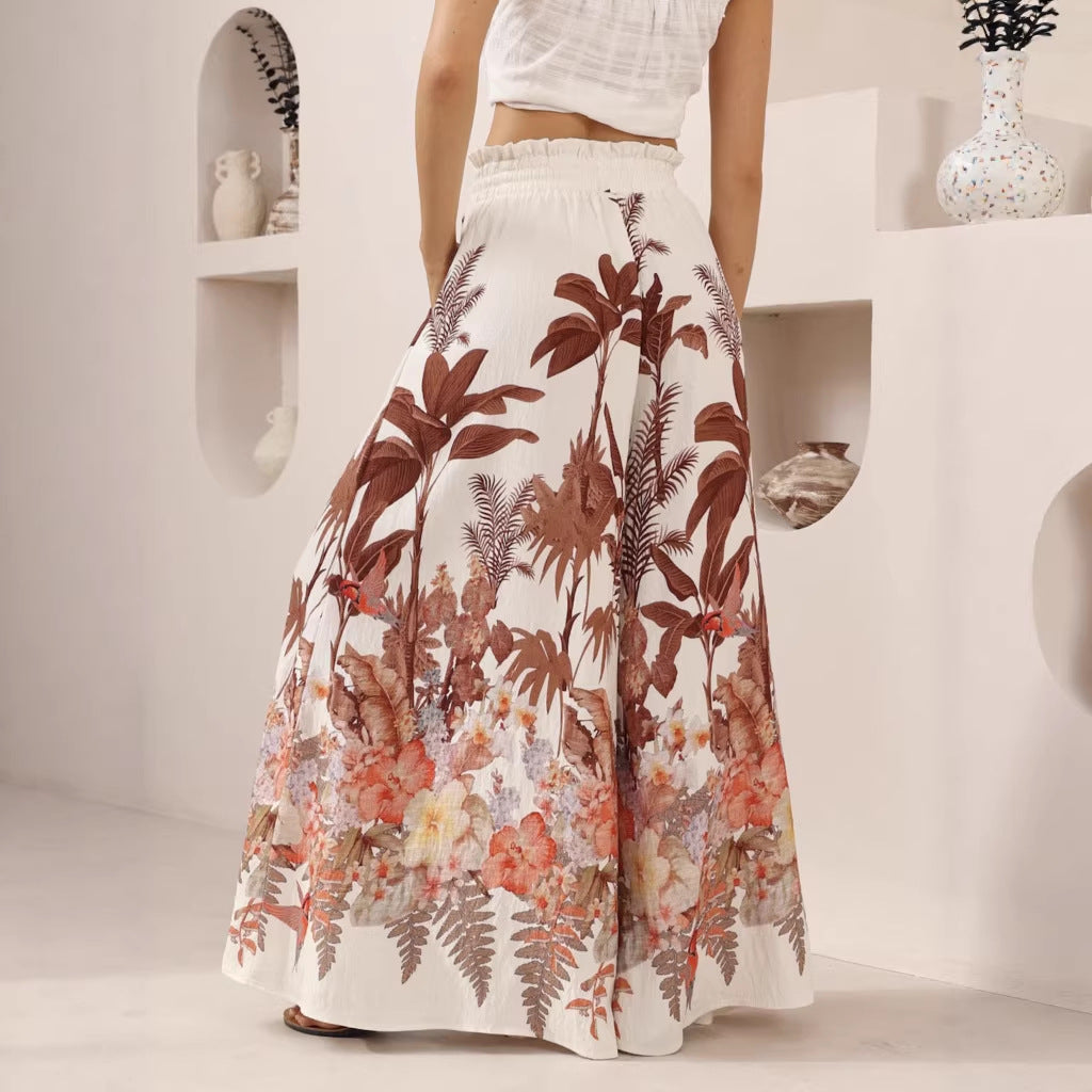 Casual summer wide-leg pants with leaf print from Plush Fashion Hub, featuring a loose fit and comfortable design.