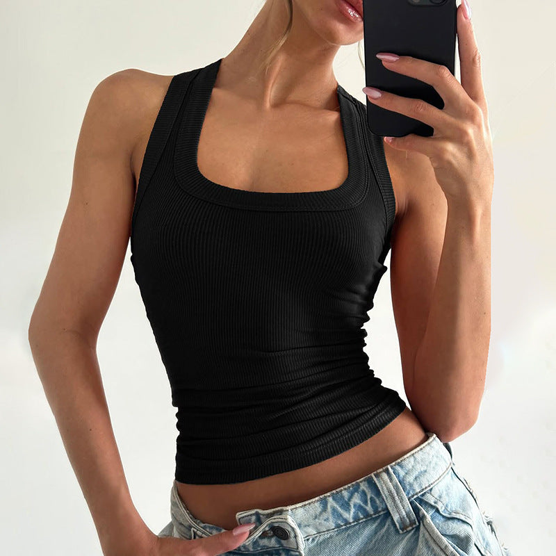 Bella Mia women's summer slim fit U collar solid color cropped vest, I shape design, perfect for stylish warm-weather outfits