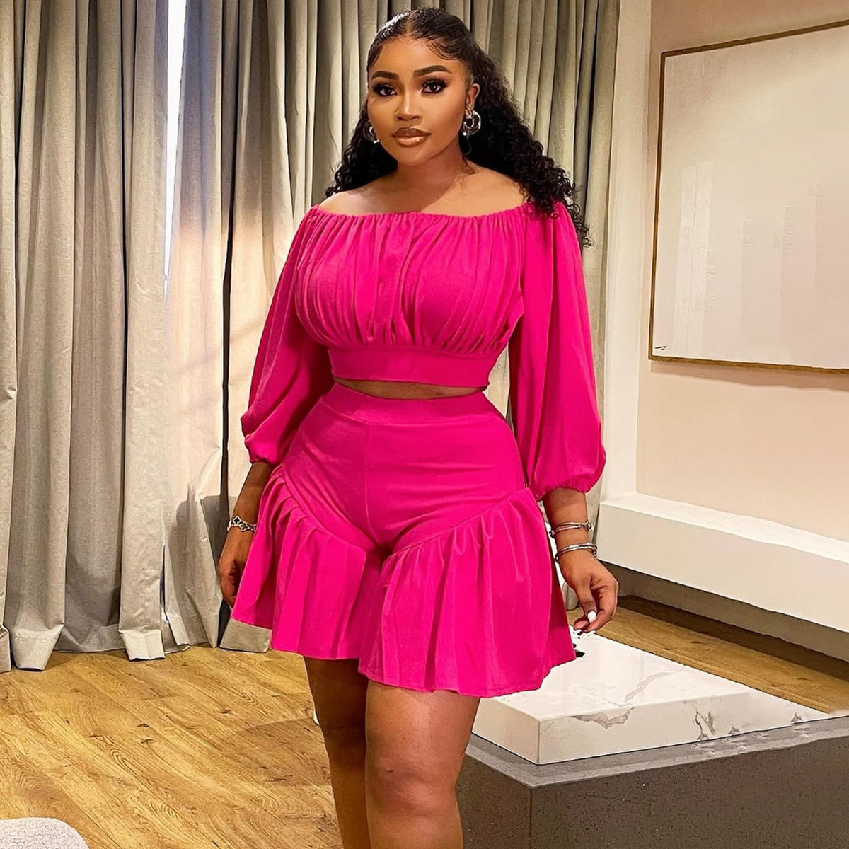 Plus size women's matching set by Plush Fashion Hub featuring pleated off-shoulder top and fluffy waist-trimming casual two-piece outfit.