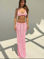 Floral knitted bikini strap halter swimsuit dress by Plush Fashion Hub featuring a sexy floating design and cropped fit.