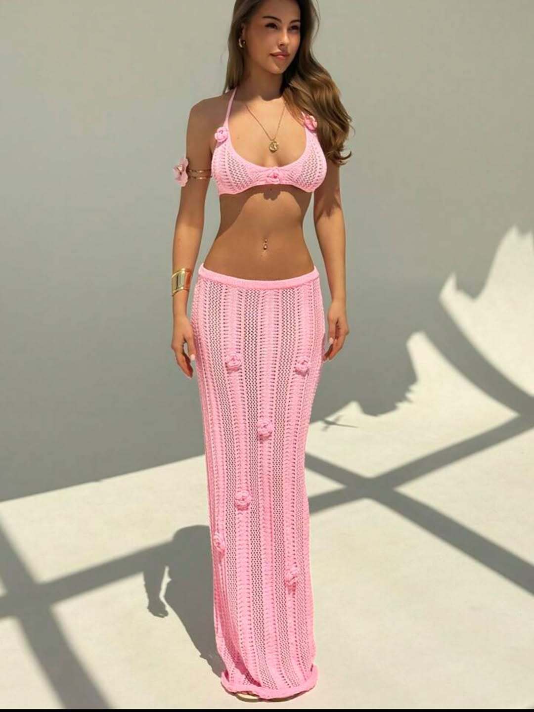 Floral knitted bikini strap halter swimsuit dress by Plush Fashion Hub featuring a sexy floating design and cropped fit.