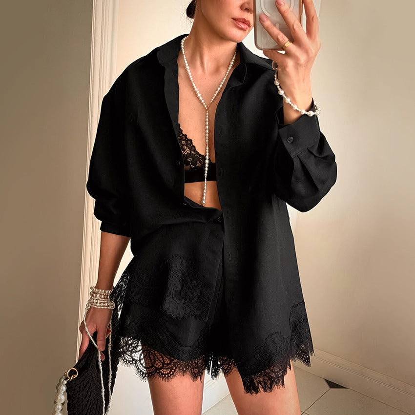 Retro long sleeve lace stitching collared shirt and shorts two-piece set worn casually, featuring vintage-inspired design and comfortable fit.