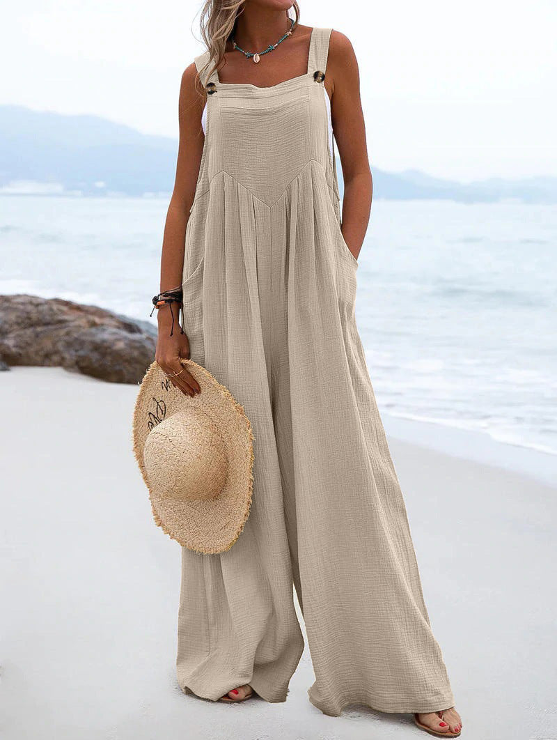 Women's summer Bella Mia ethnic solid color wide-leg jumpsuit, casual and stylish, shown on a model.